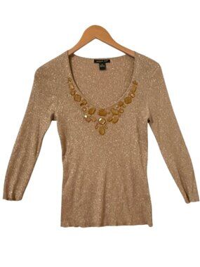 August Silk Sweater Size Med Bejeweled Neck Metallic Ribbed Shimmer Glam Sparkle